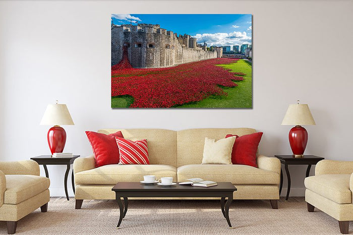 LONDON - AUGUST 31st 2014 Entitled 'Blood Swept Lands and Seas of Red' the art installation at Tower of London features 888,246 ceramic poppies, each poppy represents a British WW1 military war Printed Canvas