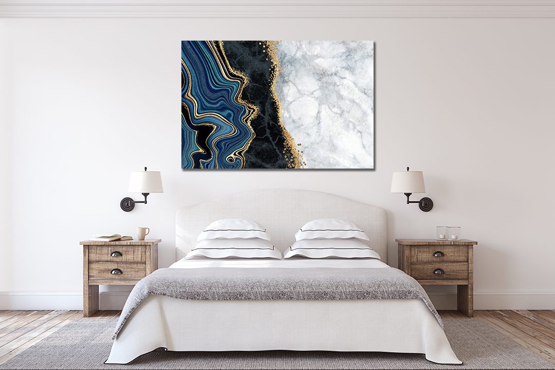 Marble Abstract Blue Black White Gold Canvas Print Wall Art