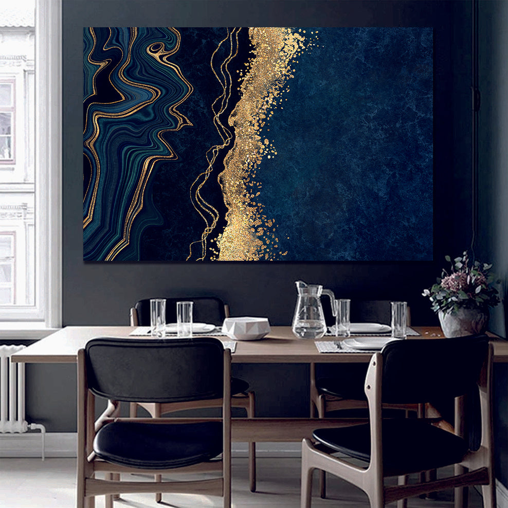 Marble Abstract Deep Blue Black Blue Gold Canvas Print Wall Art