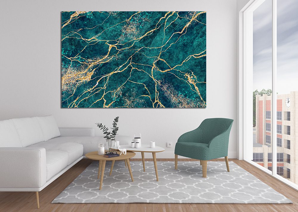 Liquid Marble Ink Abstract Green Gold Canvas Print Wall Art