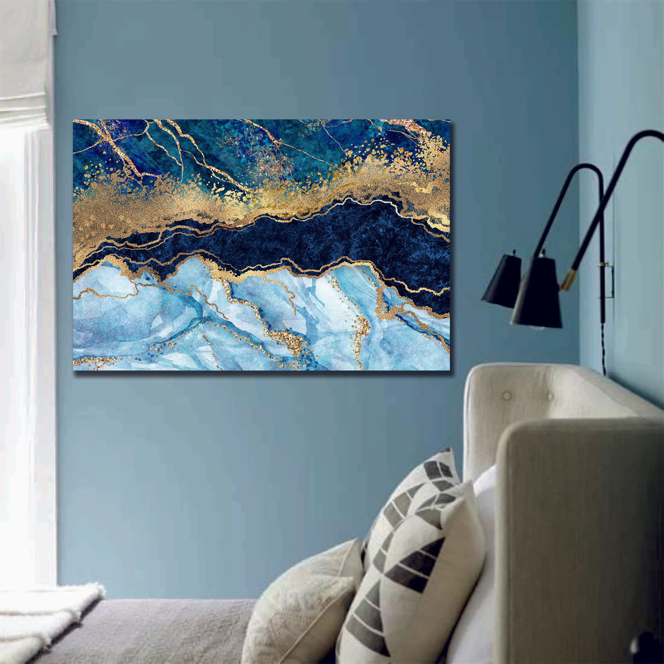 Marble Abstract Sky Blue, Dark Blue Gold Liquid Marble Canvas Print Wall Art
