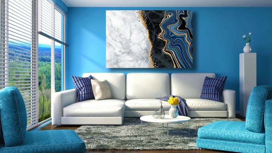 Marble Abstract White Blue Black Gold Liquid Marble Canvas Print Wall Art