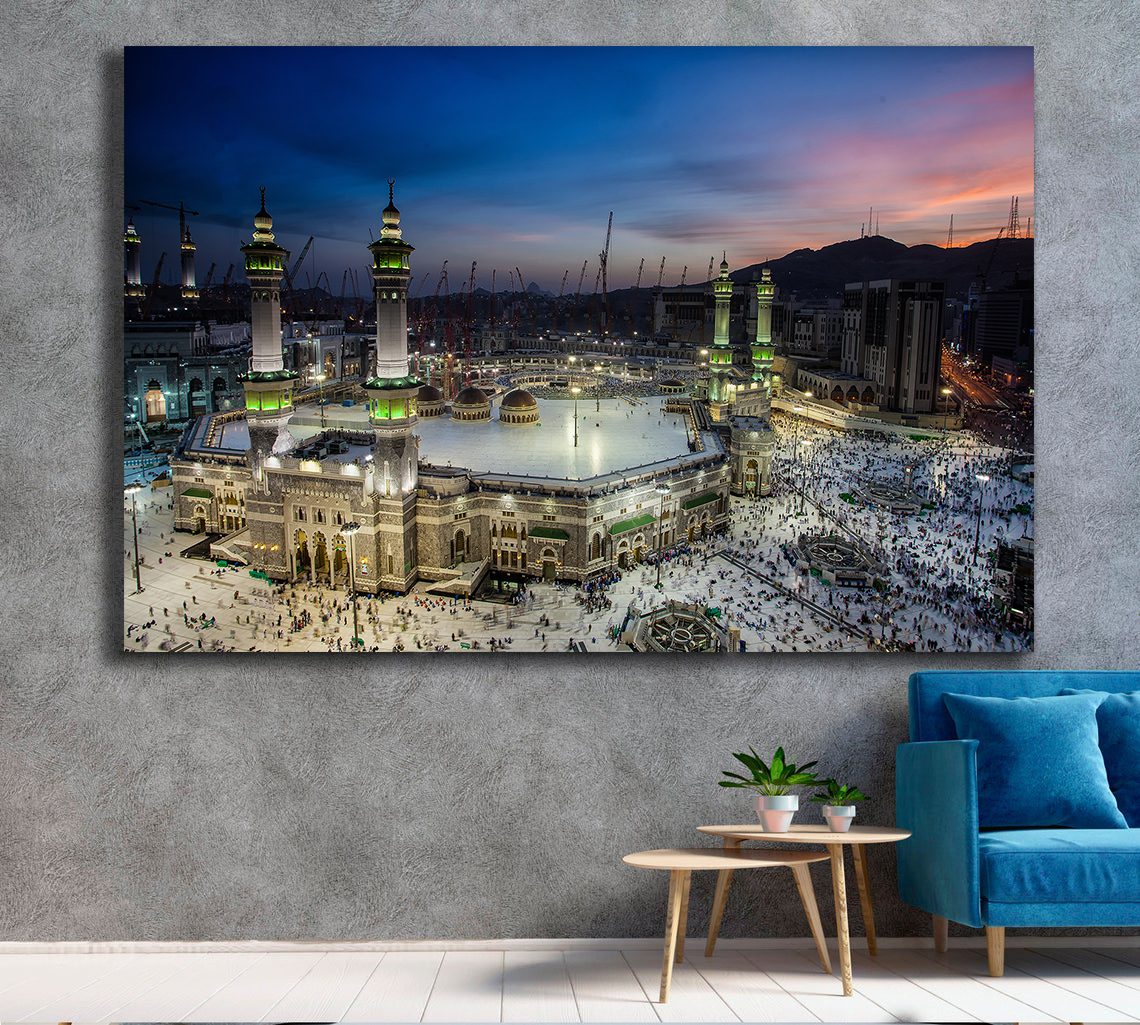 Mecca At Night Canvas Wall Art - Cityscape, Night Lights, Mosque
