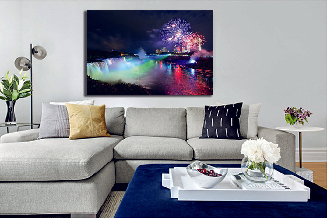 Fireworks Waterfall Lake Landscape Canvas - My Canvases