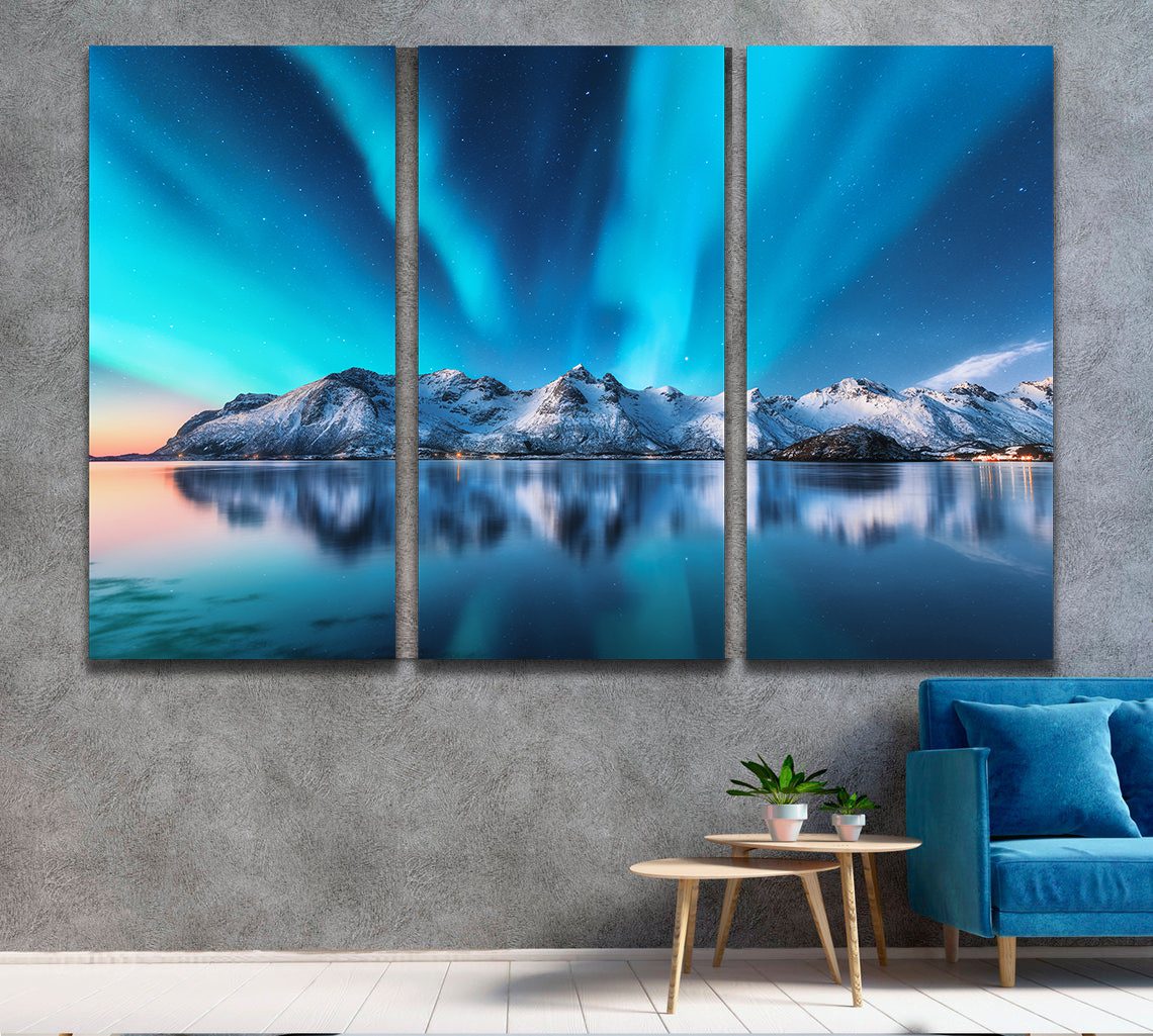 Northern lights Mountains Lofoten Islands, Norway Canvas