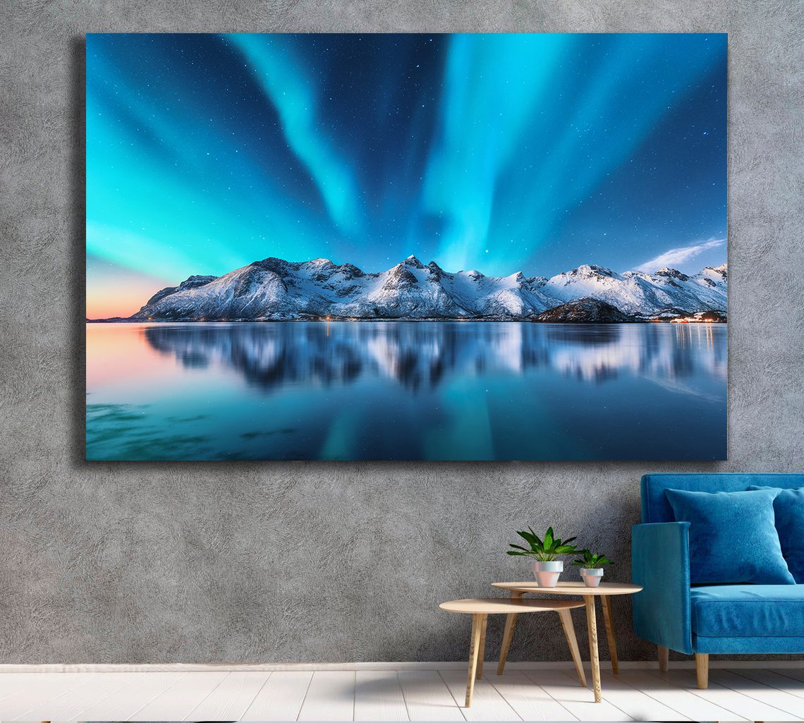 Northern lights Mountains Lofoten Islands, Norway Canvas - | Wall Art