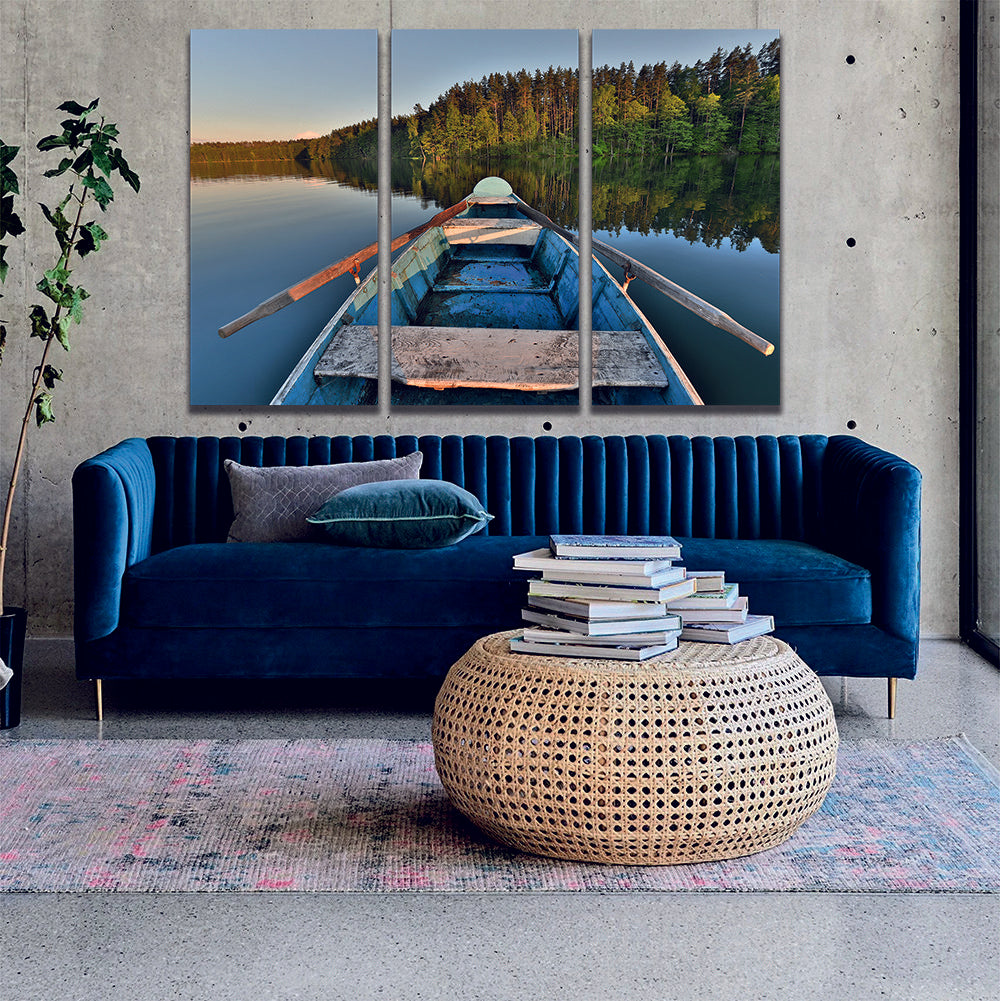 Old Fishing Boat Calm Lake Canvas Wall Art