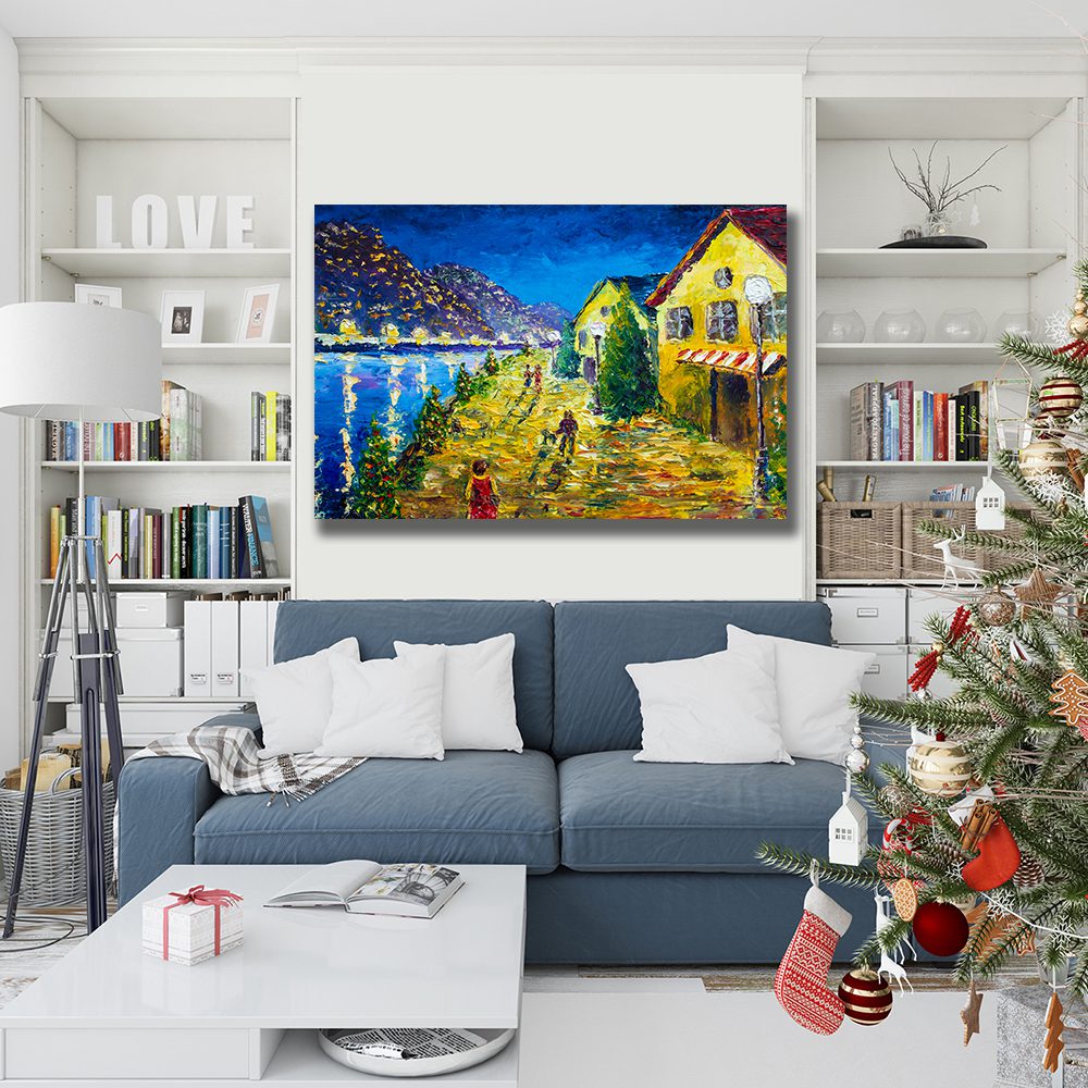Oil Painting River Mountains Small Houses Canvas Print Wall Art