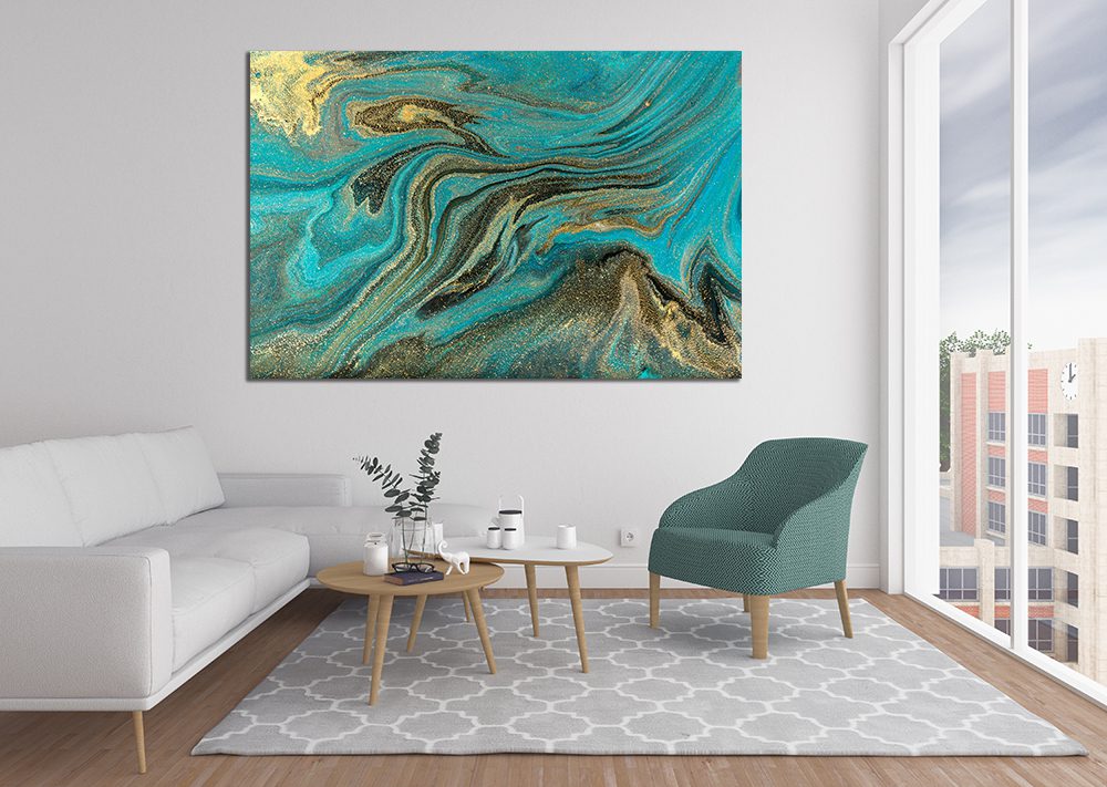 Ink Abstract Turquoise Black Gold Liquid Marble Canvas Print Wall Art