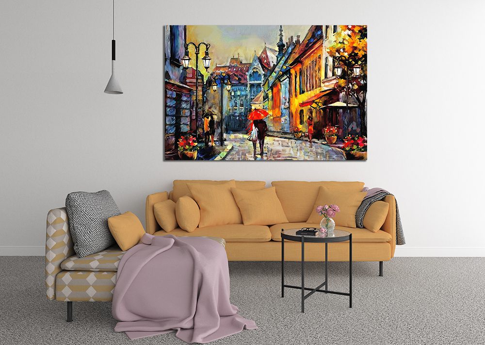 Raining High Street Oil Painting Canvas Print - Wall Art