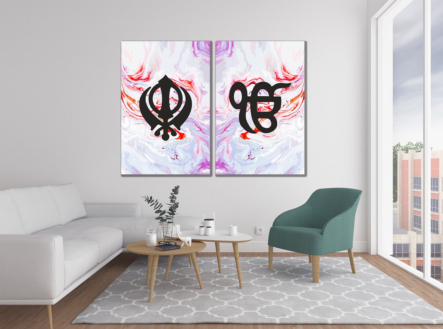 Red White Marble Sikh Khanda Ek Onkar Canvas Print Wall Art