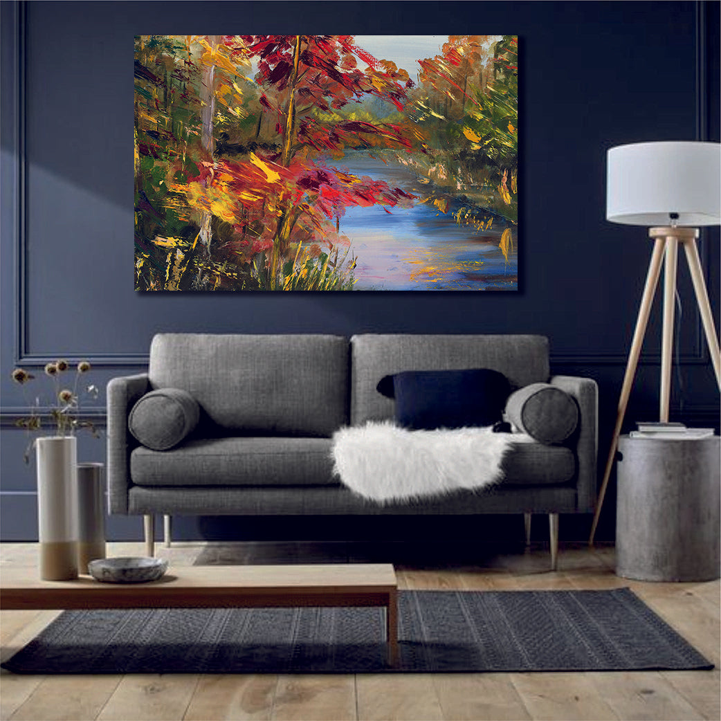 River Autumn Leaves Oil Painting Canvas Print - MyCanvases