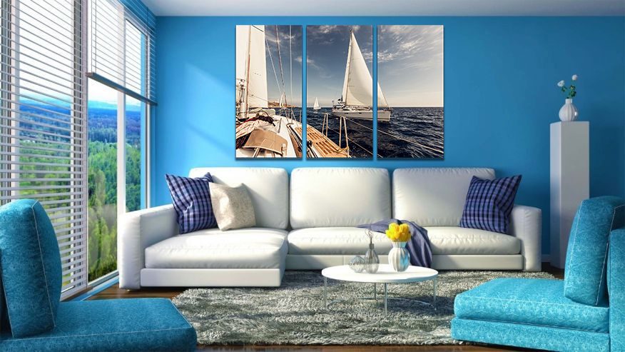 Yachts Sailing Sea Blue Skies Canvas Print Wall Art