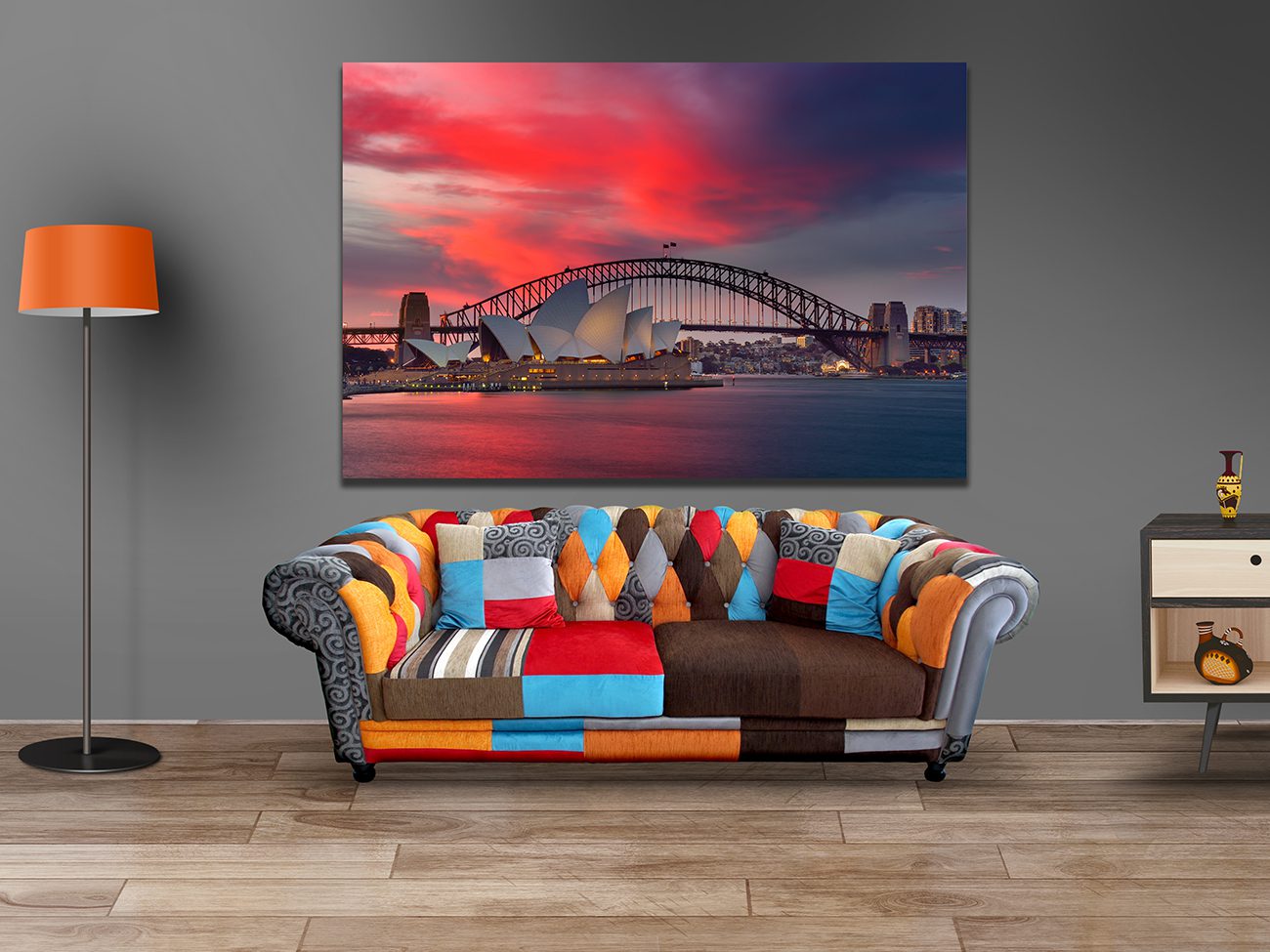 Sydney Harbour Opera House & Bridge Under A Red Sky Canvas Wall Art