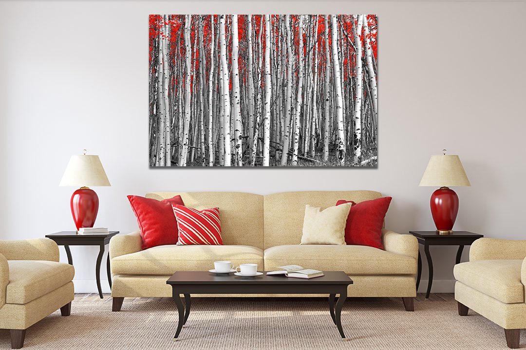 Red Leaves Black White Forest Landscape Canvas Wall Art - MyCanvases