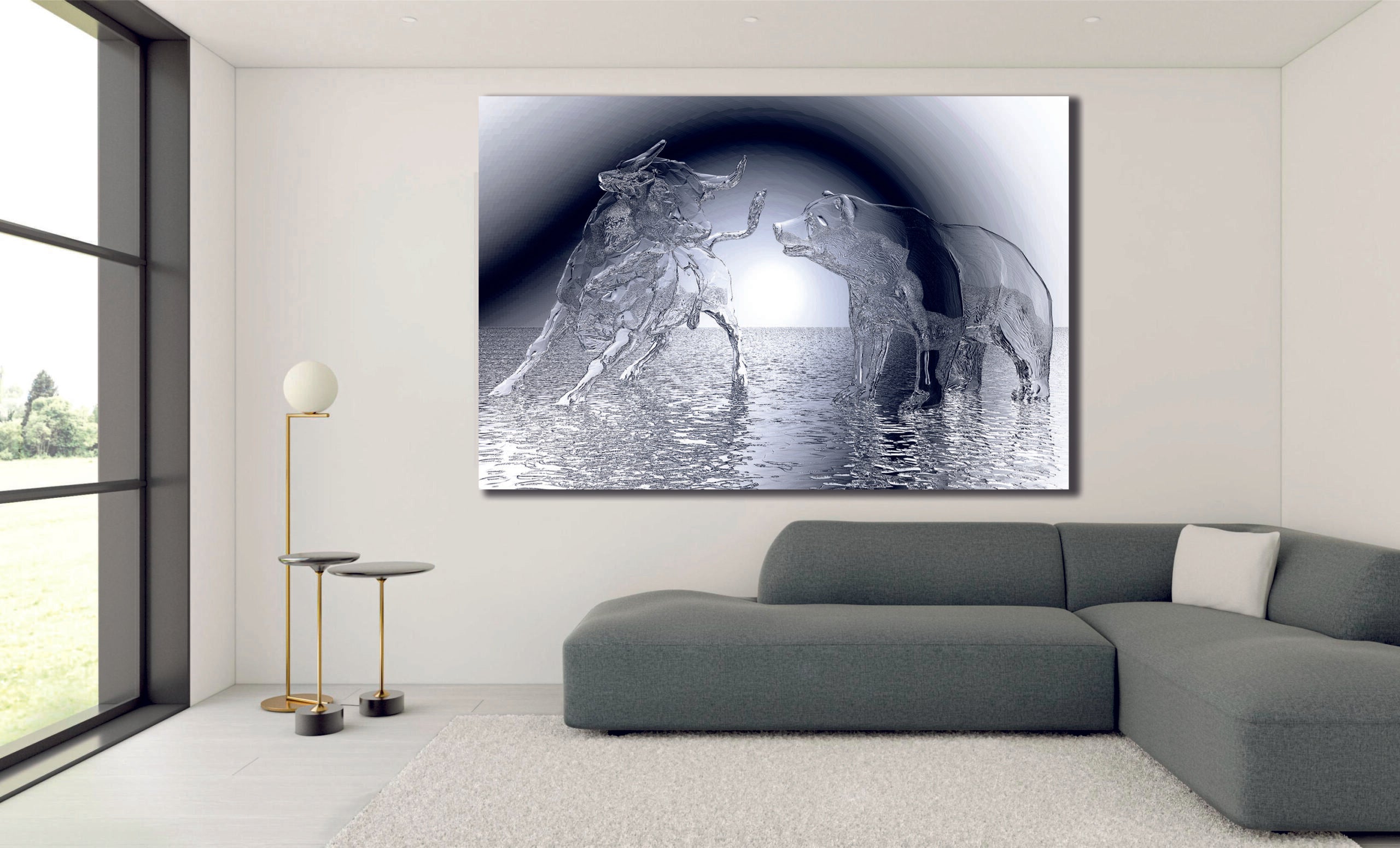 Water Statues Bull & Bear Abstract Printed Canvas