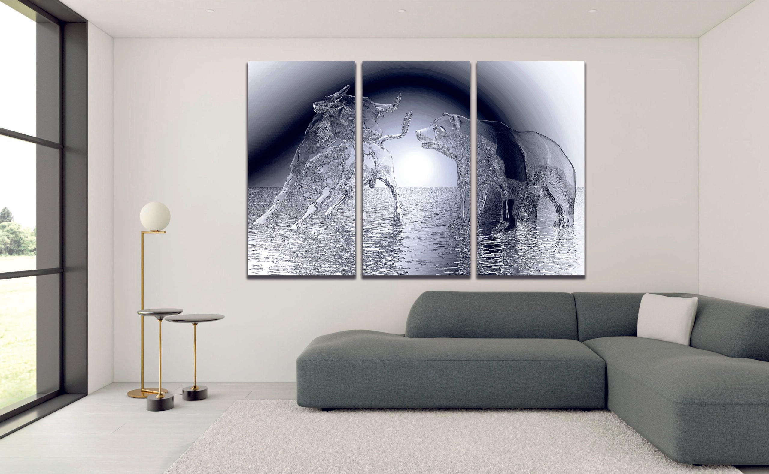 Water Statues Bull & Bear Trading Forex Stock Abstract Canvas Print Wall Art