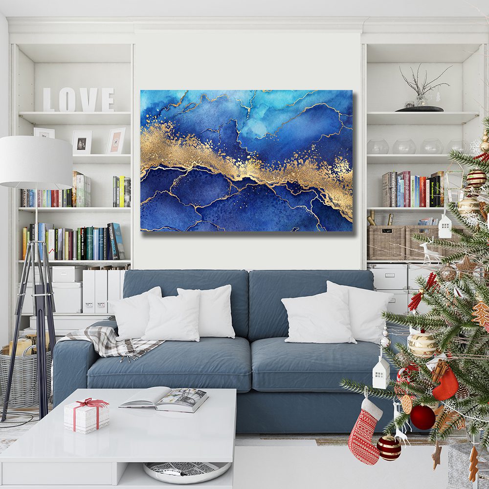 Marble Blue background with golden veins, painted artificial marbled surface Liquid Marble Canvas Print Wall Art