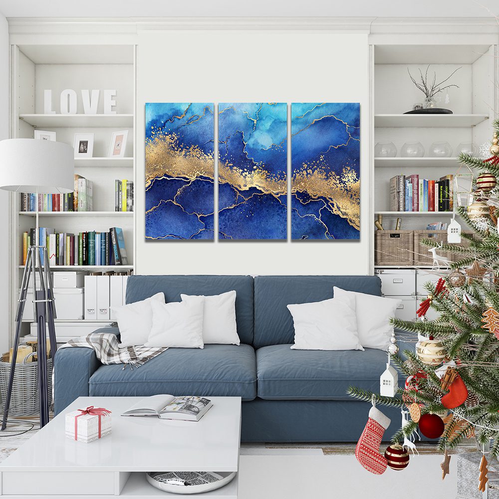Marble Blue Golden Veins Liquid Marble Canvas Print Wall Art
