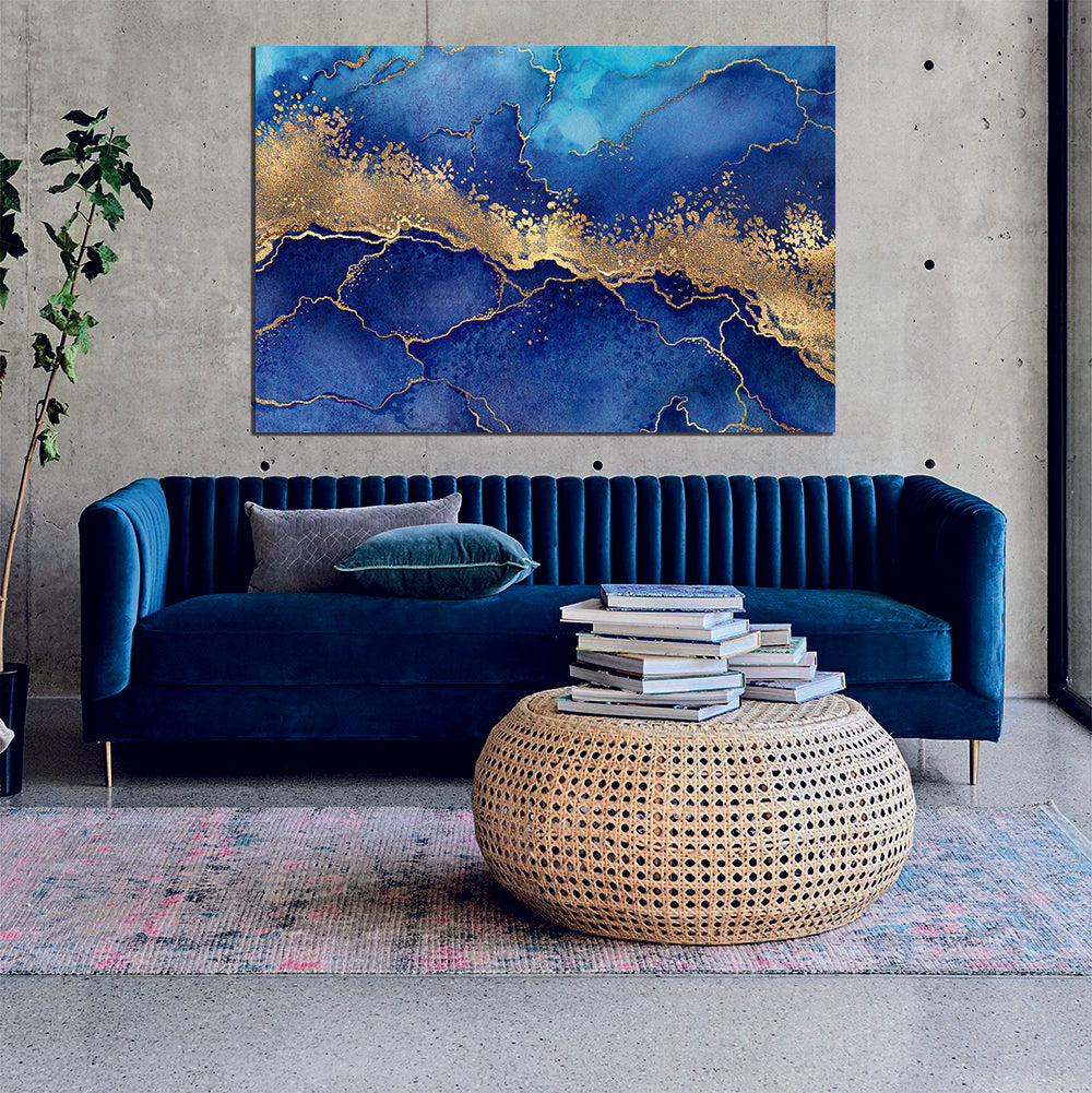 Abstract Ink Marble Horizontal Blue Gold Liquid Marble Canvas Print Wall Art