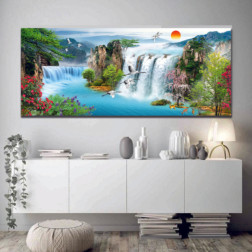 Waterfall, Forest, Mountains, Flying Birds Canvas Wall Art