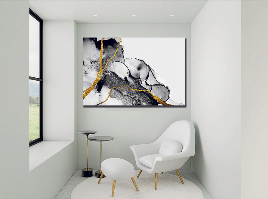 Ink Abstract Blue Gold Liquid Marble Canvas Print Wall Art