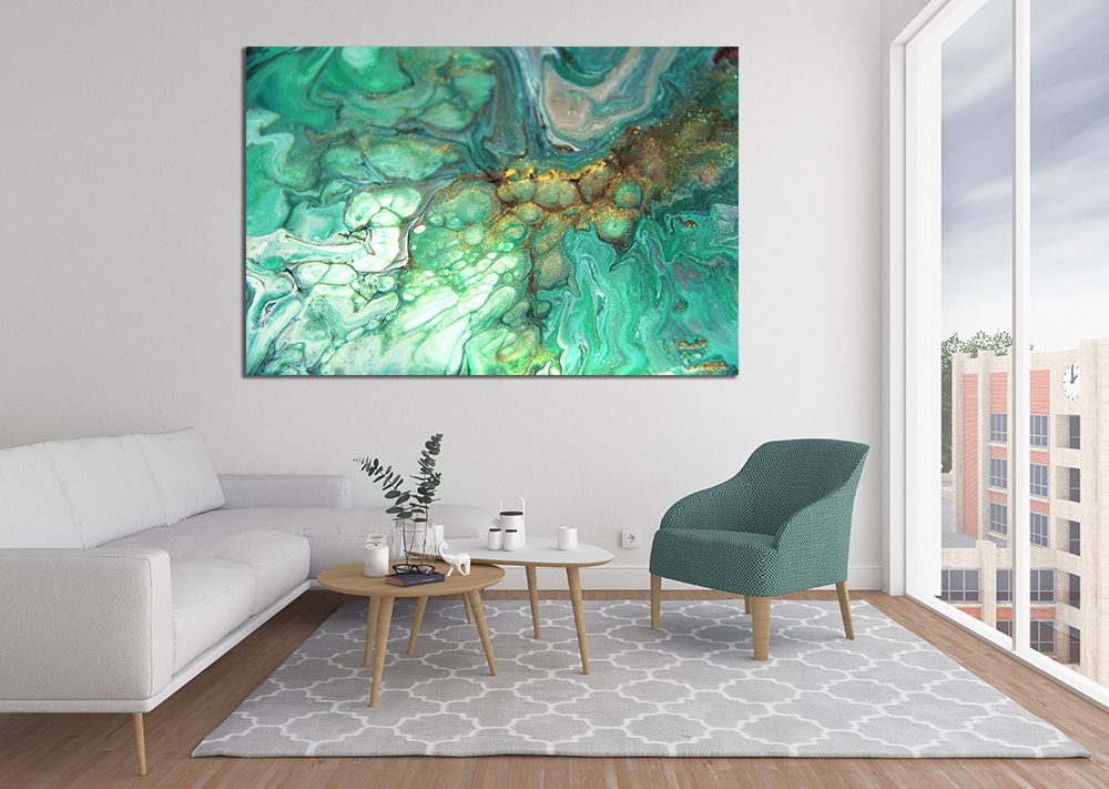 Ink Abstract Turquoise Liquid Marble Gold Canvas Print Wall Art