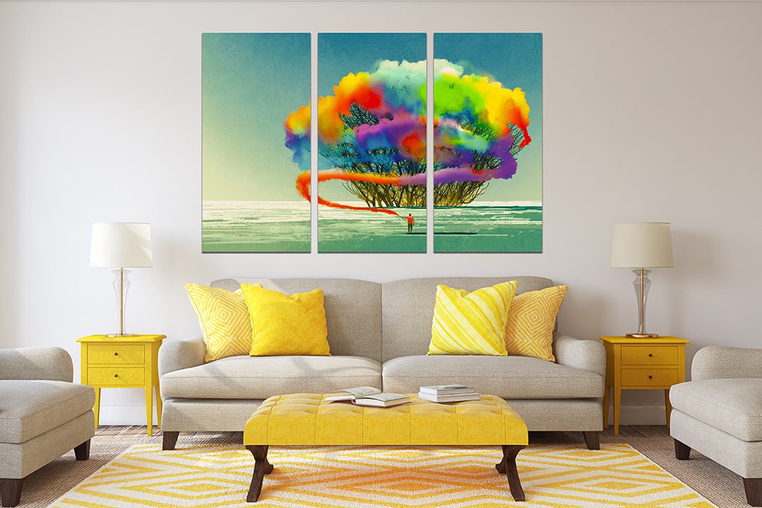 Man Draws Abstract Tree with Colourful Cloud Smoke Flare Canvas