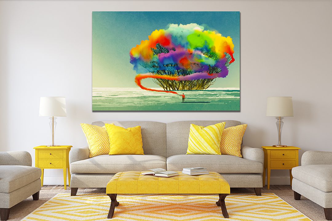 Man Draws Abstract Tree with Colourful Cloud Smoke Flare Canvas