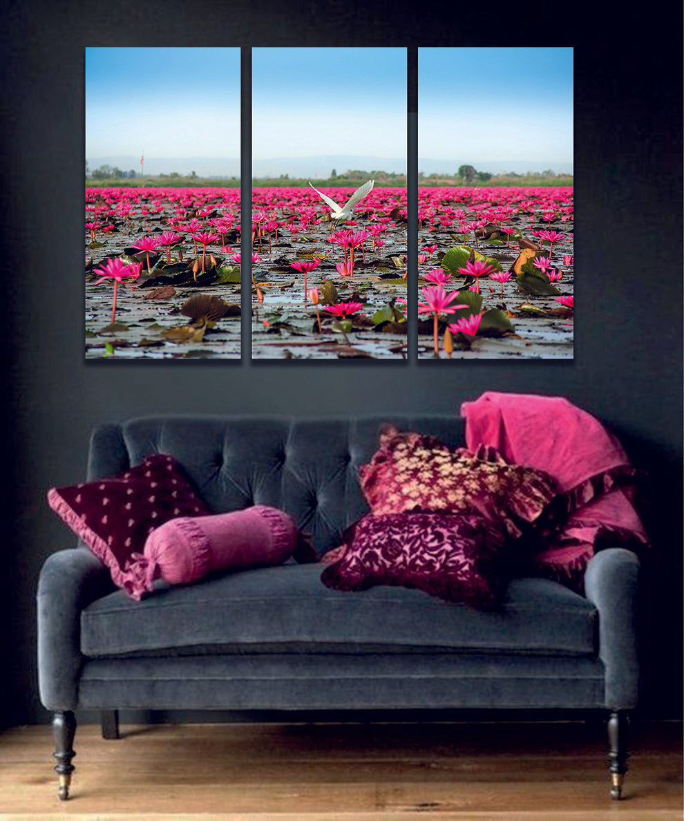 Red Lotus Flower Sea Lake Thailand Canvas Wall Art